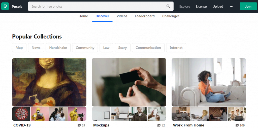 Pexels Discover Section Showing Popular Collections