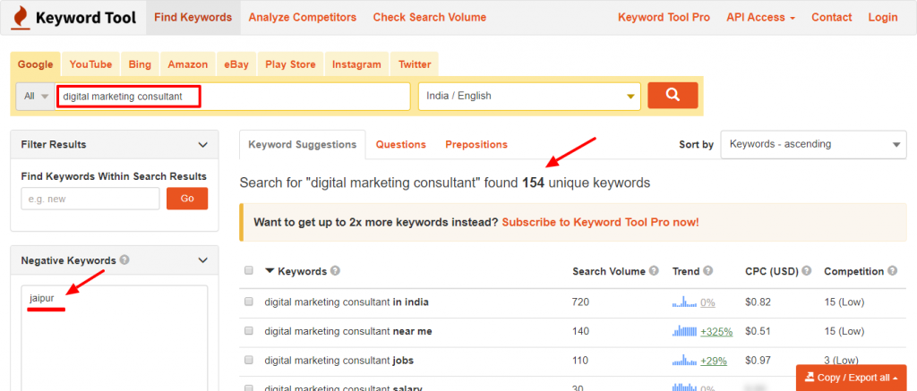 keyword tool io jaipur location example