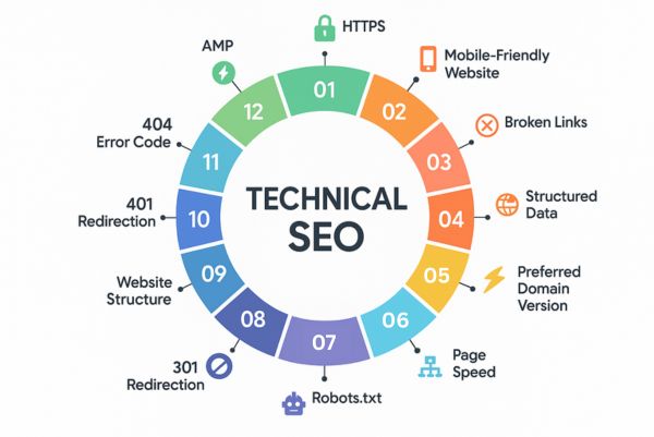 Technical SEO elements: HTTPS, mobile-friendly, redirects, robots.txt, page speed, AMP, and more.