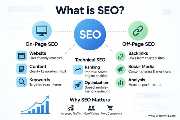 What is SEO? On-page, off-page, and technical SEO with key benefits illustrated.